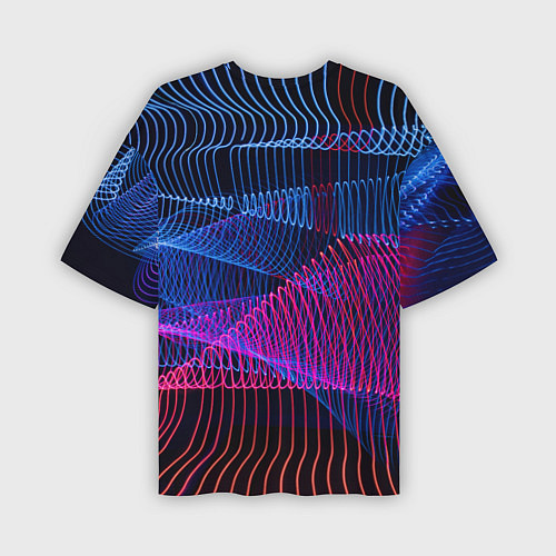 Мужская футболка оверсайз Неоновые электронные волнообразные линии / 3D-принт – фото 2