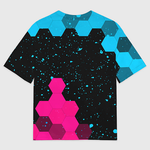 Мужская футболка оверсайз Nissan - neon gradient: символ и надпись вертикаль / 3D-принт – фото 2