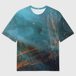 Мужская футболка оверсайз Абстрактная тёмно-синяя краска с оранжевыми мазкам