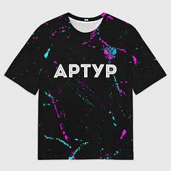 Футболка оверсайз мужская Артур и неоновый герб России: символ сверху, цвет: 3D-принт