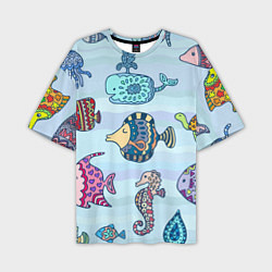 Мужская футболка оверсайз Кит, черепаха, акула и другие обитатели океана
