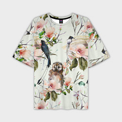 Мужская футболка оверсайз Цветы Нарисованные Магнолии и Птицы