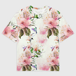 Футболка оверсайз мужская Цветы Нарисованные Магнолии и Разноцветные Птицы, цвет: 3D-принт