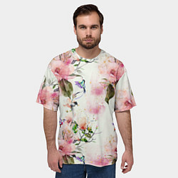 Футболка оверсайз мужская Цветы Нарисованные Магнолии и Разноцветные Птицы, цвет: 3D-принт — фото 2