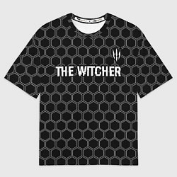 Футболка оверсайз мужская The Witcher glitch на темном фоне: символ сверху, цвет: 3D-принт