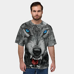 Футболка оверсайз мужская Агрессивный волк с синими глазами, цвет: 3D-принт — фото 2
