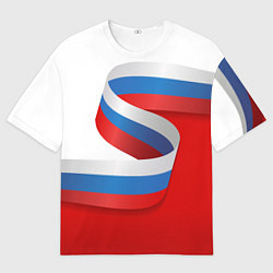 Мужская футболка оверсайз Лента триколор на красно-белом фоне