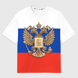 Мужская футболка оверсайз Герб России на фоне флага