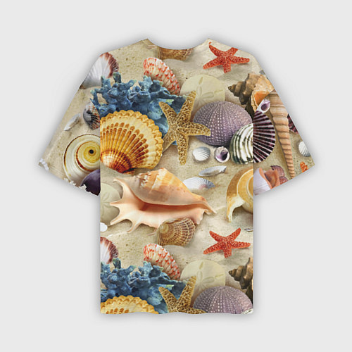 Мужская футболка оверсайз Морские раковины, кораллы, морские звёзды на песке / 3D-принт – фото 2