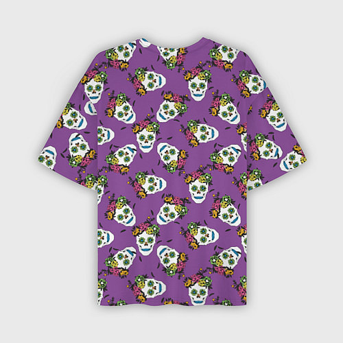 Мужская футболка оверсайз Сахарные черепа на фиолетовом паттерн / 3D-принт – фото 2