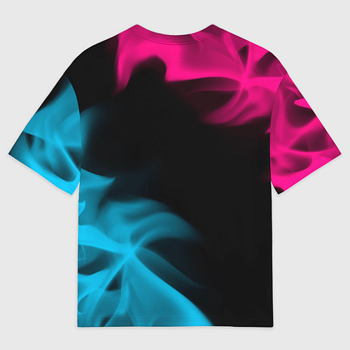 Мужская футболка оверсайз Exeed - neon gradient: символ и надпись вертикальн / 3D-принт – фото 2