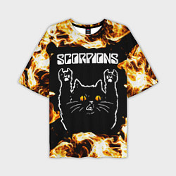 Футболка оверсайз мужская Scorpions рок кот и огонь, цвет: 3D-принт