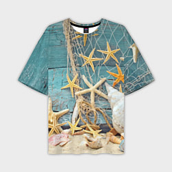 Мужская футболка оверсайз Натюрморт из сети, морских звёзд и ракушек - лето