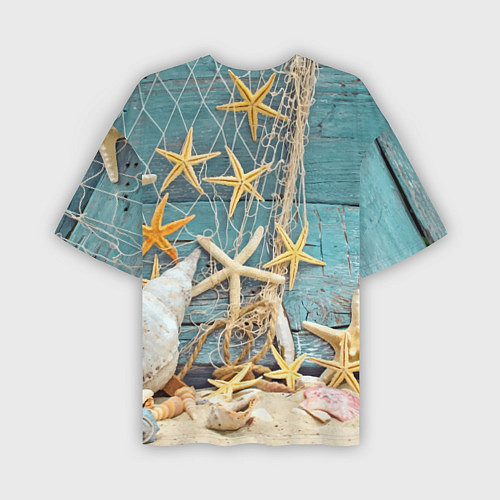 Мужская футболка оверсайз Натюрморт из сети, морских звёзд и ракушек - лето / 3D-принт – фото 2