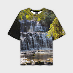 Мужская футболка оверсайз Водопад, солнечные лучи и лес
