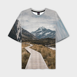 Мужская футболка оверсайз Дорога посреди поля в горах