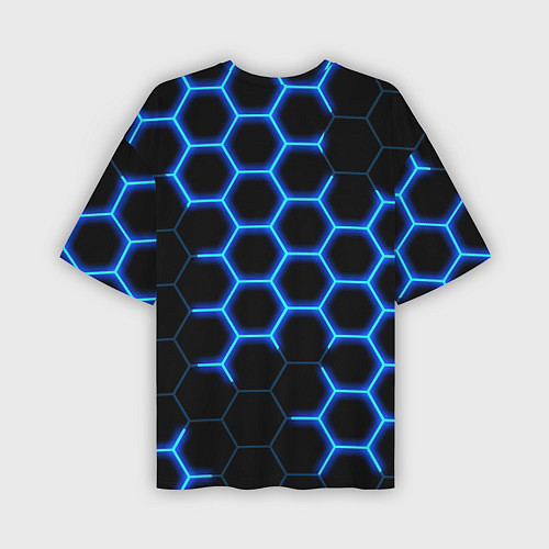 Мужская футболка оверсайз Соты на синем неоновом фоне / 3D-принт – фото 2
