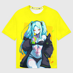 Мужская футболка оверсайз Ребекка пьет коктель - Киберпанк аниме