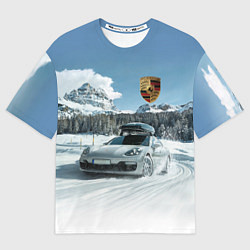 Футболка оверсайз мужская Porsche on a mountain winter road, цвет: 3D-принт