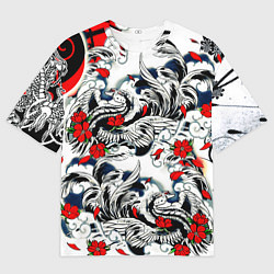 Футболка оверсайз мужская Красные цветы и птицы, цвет: 3D-принт