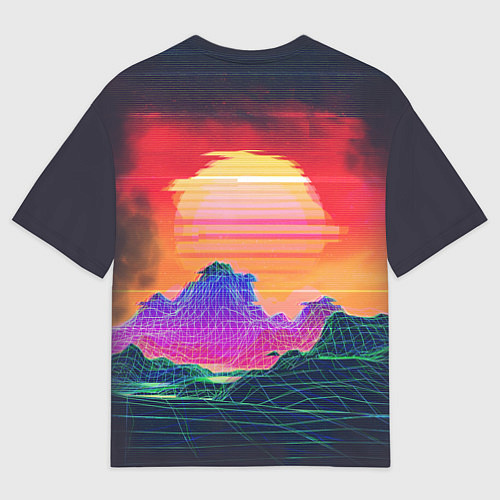 Мужская футболка оверсайз Синтвейв неоновые горы на закате / 3D-принт – фото 2
