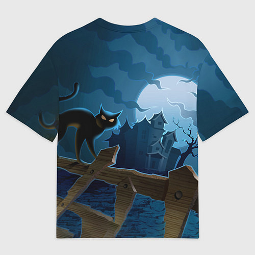 Мужская футболка оверсайз Хэллоуин - чёрный кот на заборе / 3D-принт – фото 2
