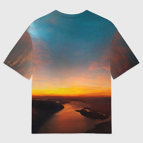 Мужская футболка оверсайз Горная река на фоне заката / 3D-принт – фото 2