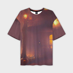 Мужская футболка оверсайз Викторианский дом и старые фонари с тыквами в пурп