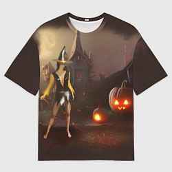 Мужская футболка оверсайз Ведьма с метлой и тремя тыквами возле старого дома