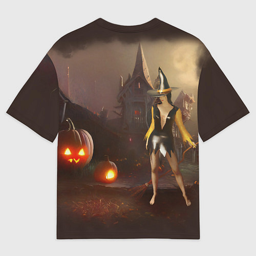 Мужская футболка оверсайз Ведьма с метлой и тремя тыквами возле старого дома / 3D-принт – фото 2