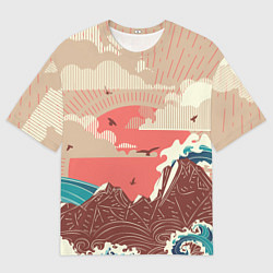 Мужская футболка оверсайз Большие океанские волны и скалистый остров на зака