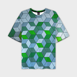 Мужская футболка оверсайз Зелёные и серые абстрактные кубы с оптической иллю