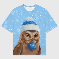 Мужская футболка оверсайз Новогодняя сова в шапке
