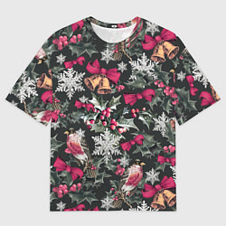 Футболка оверсайз мужская Новый год колокольчики, птицы, снежинки, цвет: 3D-принт
