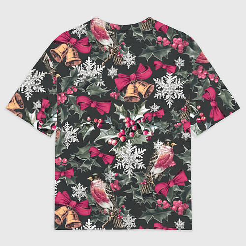 Мужская футболка оверсайз Новый год колокольчики, птицы, снежинки / 3D-принт – фото 2