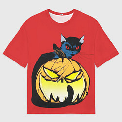 Футболка оверсайз мужская Halloween - тыква и кот, цвет: 3D-принт