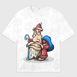 Мужская футболка оверсайз Дед Мороз спешит с подарками на фоне снежинок