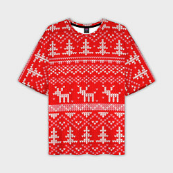 Мужская футболка оверсайз Рождественский красный свитер с оленями