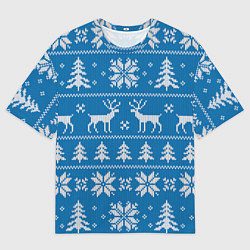 Футболка оверсайз мужская Рождественский синий свитер с оленями, цвет: 3D-принт