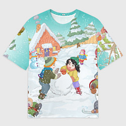 Футболка оверсайз мужская Новогодние каникулы - дети лепят снеговика, цвет: 3D-принт