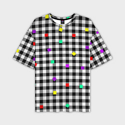 Мужская футболка оверсайз Черно-белая клетка с цветными квадратами