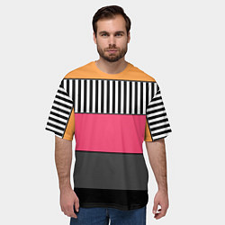 Футболка оверсайз мужская Полосатый узор желтые розовые черные полосы, цвет: 3D-принт — фото 2