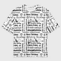 Футболка оверсайз мужская Черно белый рождественский текстовый узор, цвет: 3D-принт