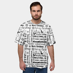 Футболка оверсайз мужская Черно белый рождественский текстовый узор, цвет: 3D-принт — фото 2