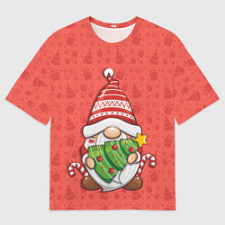 Мужская футболка оверсайз Новогодний гномик с елкой