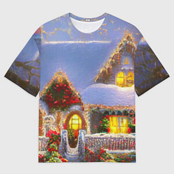 Мужская футболка оверсайз Украшенный новогодний коттедж и снежные сугробы