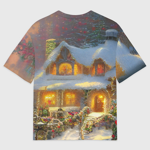 Мужская футболка оверсайз Заснеженные деревья и новогодний коттедж с гирлянд / 3D-принт – фото 2