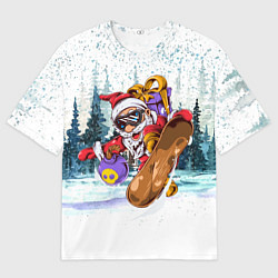 Мужская футболка оверсайз Санта на сноуборде в лесу