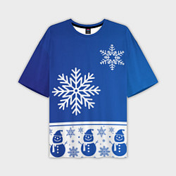 Мужская футболка оверсайз Снеговики в снежинках синие
