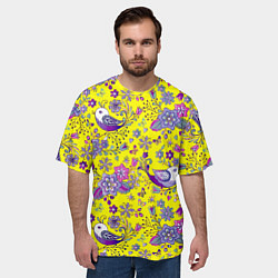 Футболка оверсайз мужская Птички и цветы на желтом, цвет: 3D-принт — фото 2
